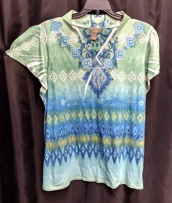 2X SUBLIMATION SHIMMER RHINESTUDS JANE ASHLEY PARTIAL COLLAR STRETCH KNIT TOP - Image 1 of 4