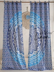 Boho Window Curtain Blue Mandala Tapestry Tie Top Drapes Wall Hanging Panel - Picture 1 of 9