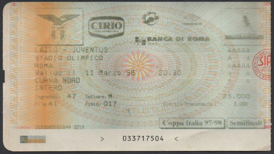 BIGLIETTO STADIO TICKET LAZIO  JUVENTUS - SEMIFINALE COPPA ITALIA 1997/98 - Immagine 1 di 1