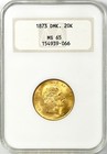1873 DENMARK GOLD 20 KRONER NGC MS65–FIRST YEAR OF ISSUE