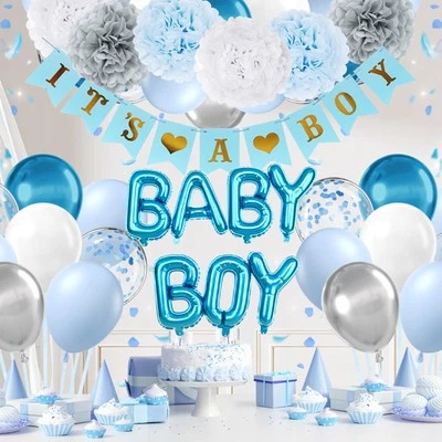 Globos metálicos azules blancos y grises pompones decoraciones para baby shower para niño Foto 1 de 4