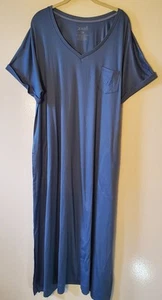 Z.Well 2XL Gray Blue Short Sleeve V-neck Knit T Shirt Maxi Dress Pockets Slits - Picture 1 of 10