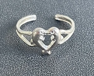 Two Kissing Heart Dolphins Toe Ring Genuine .925 Sterling Silver Adjustable - Picture 1 of 5