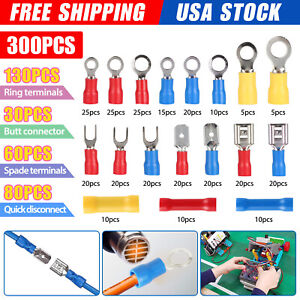 300x Insulated Assorted Electrical Wire Connector Crimp Spade Ring Terminal Kit