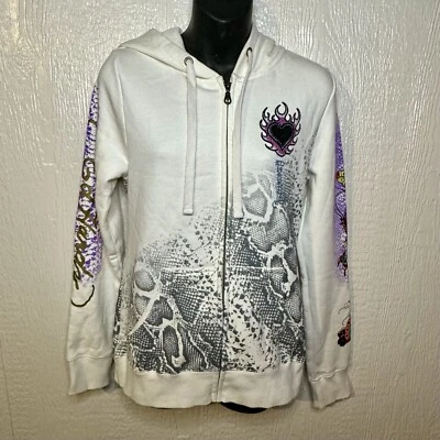 Sudadera con Capucha Ed Hardy Blanca con Cremallera Love Kills Slowly Talla Mediana Calavera Mariposas Corazón Foto 1 de 4