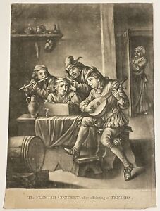 1770 Mezzotintstich von Bowles of Teniers Musikern mit Laute und Flöte