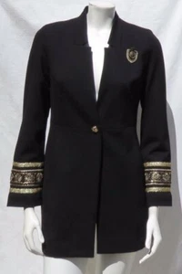 CHICO’S Cuff Detail Long Jacket Black Gold Ponte Knit Military Coat 0 US 4 6 S - Picture 1 of 6