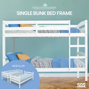 KINGSTON SLUMBER Single Bunk Bed Frame Kids Beds Childrens White Wooden Timber - Picture 1 of 12