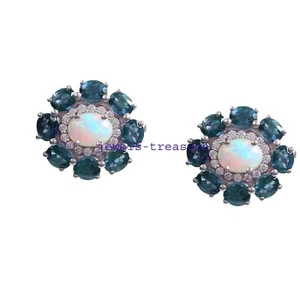 Natural Ethiopian Opal & London Blue topaz Stones 925 Sterling Silver Cufflinks - Picture 1 of 3