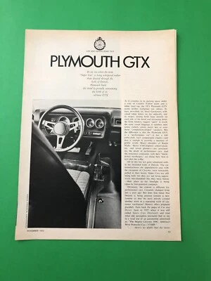 1971 PLYMOUTH GTX ORIGINAL VINTAGE PRINT AD ADVERTISEMENT ROAD TEST - Image 1 of 3