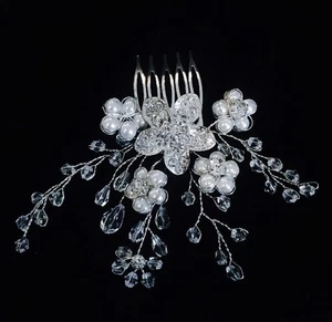 HAIR COMB Rhinestone Crystal Wedding Bridal Dancer French Twist Silver Pearl 06 - Picture 1 of 11