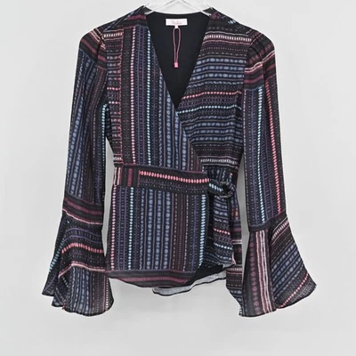 Top PARKER para mujer talla XS negro floral a rayas mezcla estampado manga campana cuello envolvente NUEVO Foto 1 de 4