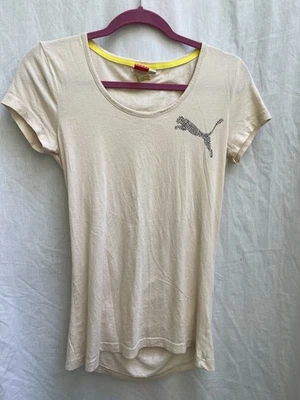 PUMA женщин маленький желтовато-коричневый коротким рукавом Athletic футболка тренажерный зал тренировки открытый назад - Изображение 1 из 4