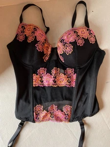 Frederick's Hollywood Bustier Black Gold Pink Floral Embroidery Bra 34C Corset - Picture 1 of 6
