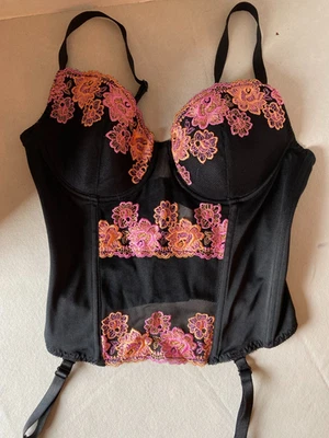 Frederick's Hollywood Bustier Black Gold Pink Floral Embroidery Bra 34C Corset - Image 1 of 4