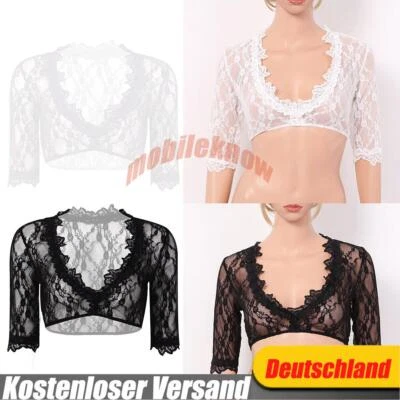 Damen Sexy Spitze Dirndlbluse 3/4 Arm Trachten Bluse Oktoberfest Wrap Crop Weiß - Bild 1 von 4