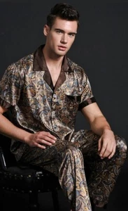 SILKPEACE Men Satin Silk Pajamas Set Satin lounge Pants Short Sleeve Loungewear - Picture 1 of 3