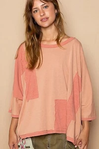 POL Size Large Color Block Patchwork Round Neck Tunic T-Shirt in Coral Pink New - Picture 1 of 7