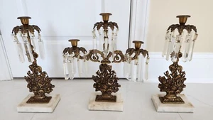 SET (3) ORANATE Vintage Girandole Brass Marble Victorian Candelabra Prism Gilded - Picture 1 of 7