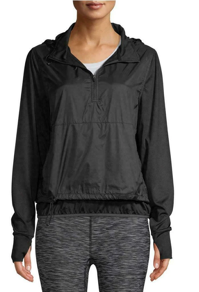 Avia Women's XL Athletic Pullover Jacket Black 1/4 Zip Hoodie Thumbholes Layered