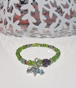 Peridot + Granat und Rubin Perlenarmband mit Sterling Silber Anhänger Steine 4mm - Bild 1 von 4