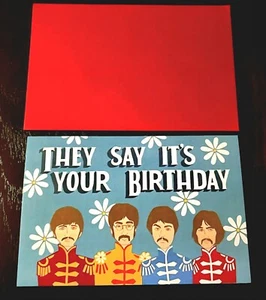 TARJETA DE CUMPLEAÑOS DE DIBUJOS ANIMADOS DE LOS BEATLES ~ DICEN QUE ES TU CUMPLEAÑOS ~ 5"x7" ~ EN BLANCO POR DENTRO - Imagen 1 de 1