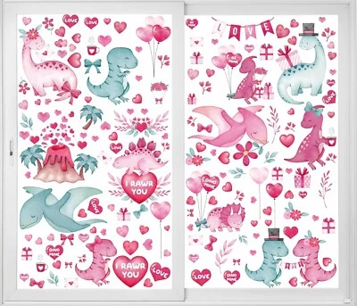 Calcomanías adhesivas para ventanas de San Valentín decoración de aula dinosaurios corazones Foto 1 de 4