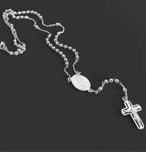 Sterling Silver Rosary Beads Virgin Mary Cross Chain Necklace 50cm + 6cm Boxed - Picture 1 of 12