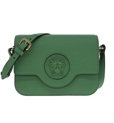 Versace La Medusa Logo Plaque Green Pebbled Leather Crossbody Bag New$1600 - Image 1 of 4