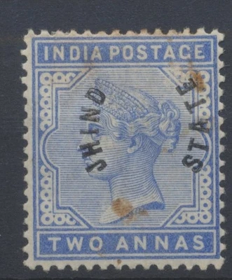 Jind State India 1885 2a azul (manchado) opt T1 como nuevo con bisagras SG3 CV £45 Foto 1 de 4