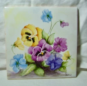NEU DREI einzigartige handbemalte Blumen Küche/Bad 6" Keramikfliesen signiert - Bild 1 von 6