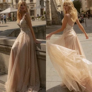 Champagne Chic Wedding Dress A Line Boho Sleeveless Appliqued Lace Bridal Gowns - Picture 1 of 9