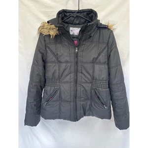 Krush Black Puffer Jacket Faux Fur Hood Winter Coat Womens Large - Picture 1 of 6