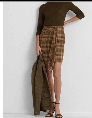 Ralph Lauren Women Olive Green  Plaid Ruffle-Trim Georgette Skirt Size 14 NEW - Image 1 of 4