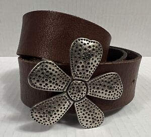 Silpada Design Brown Italian Leather Belt Daisy Flower Silver Buckle Size Large