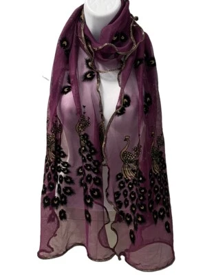 Bufanda de malla púrpura amatista brillo flocado borde volantes pavo real 17x82 Foto 1 de 4
