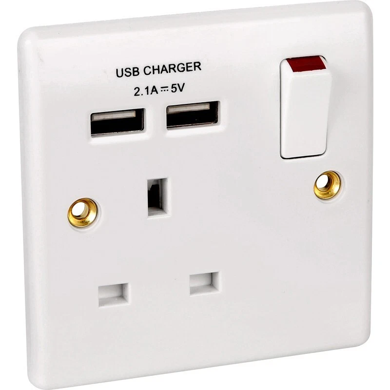 Single 1 Gang Wall Socket 13A With Twin USB Charger Port Plug Switched Socket - Image 1 of 4