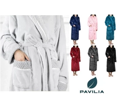 Women Plush Warm Fleece Robe with Satin Waffle Trim Long Spa Night Bathrobe  - Image 1 of 4