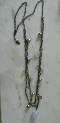 Liz Palacios S.F Necklace Stone Gem long double strand smokey white stones pearl - Image 1 of 4