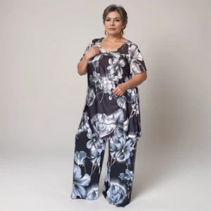 ROCKTHOSECURVES DAMEN ÜBERGRÖSSE 2-TEILIGES OUTFIT GRAU GEBLÜMT HOSE + KITTEL TOP - Bild 1 von 4