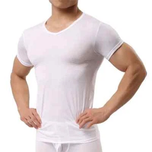 Herren Unterhemd Eis Seide T-Shirts Männer Nylon V-Ausschnitt Kurzarm Tops Ultradünn - Bild 1 von 21