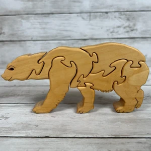 Handmade Wood Polar Bear Interlocking Jigsaw Puzzle Freestanding Decor Figure - Picture 1 of 10