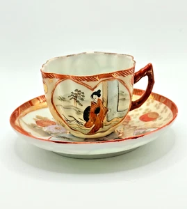 Japanese Kutani Geisha Teacup & Saucer Set Hand Painted Red Gold, Signed on Base - Picture 1 of 7