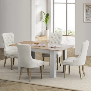 Oikiture 160cm Extendable Dining Table with 4PCS Dining Chairs Velvet Beige - Picture 1 of 10