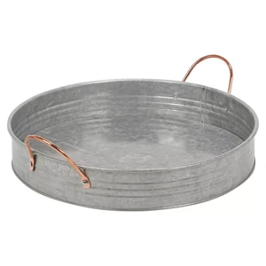 Large Round Galvanised Zinc Metal Rustic Serving Tray Platter w/ Copper Handles - Picture 1 of 5