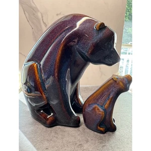 Mid Century Modern Ceramic Bear Scandinavian Design Purple Brown Glaze Mom & Cub - Picture 1 of 14
