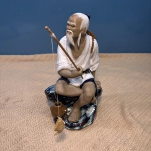Estatuilla de pescador chino Shiwan caña de pescar de barro de colección cerámica oriental de arcilla - Imagen 1 de 12