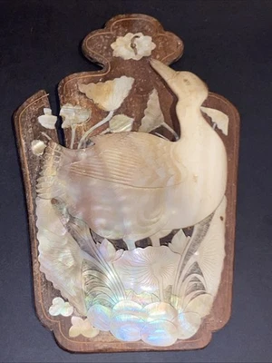 Porte éventail courrier en bois et nacre sculptée ancien 1900 Chine Japon canard - Photo 1/4