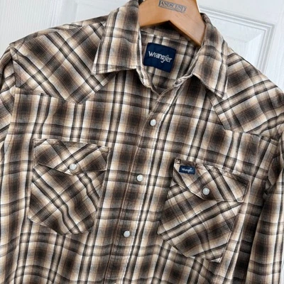 Wrangler Western Shirt Men's L Brown Plaid Pearl Snap Long Sleeve Cowboy Rodeo - Image 1 of 4