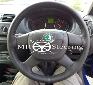 FOR SKODA OCTAVIA 04-12 REAL BLACK LEATHER STEERING WHEEL COVER BLACK STITCH - Picture 1 of 1